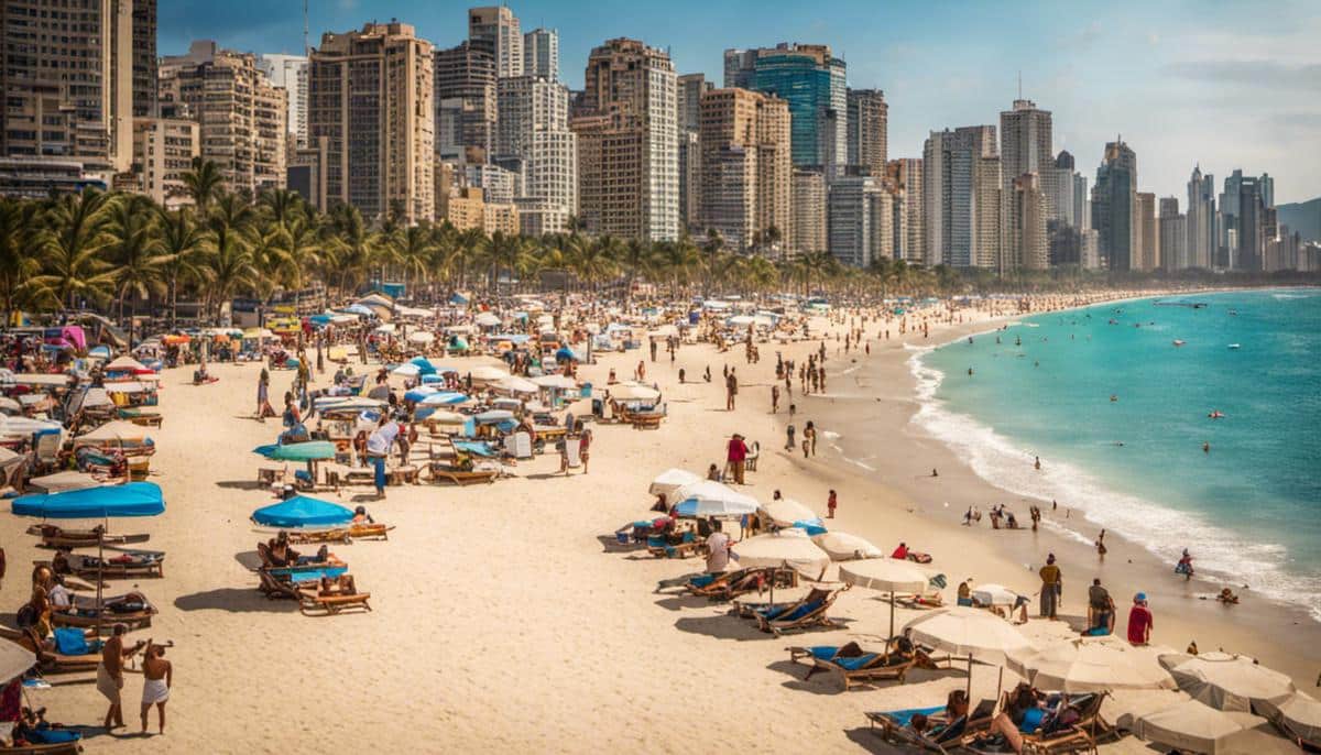 A photo of a crowded beach surrounded by tall buildings, depicting the unsustainable nature of mass tourism.