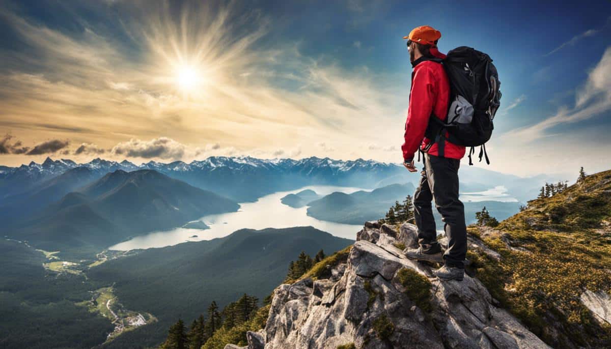 An image depicting a person with a backpack standing atop a mountain, showing the thrill and excitement of adventure tourism.