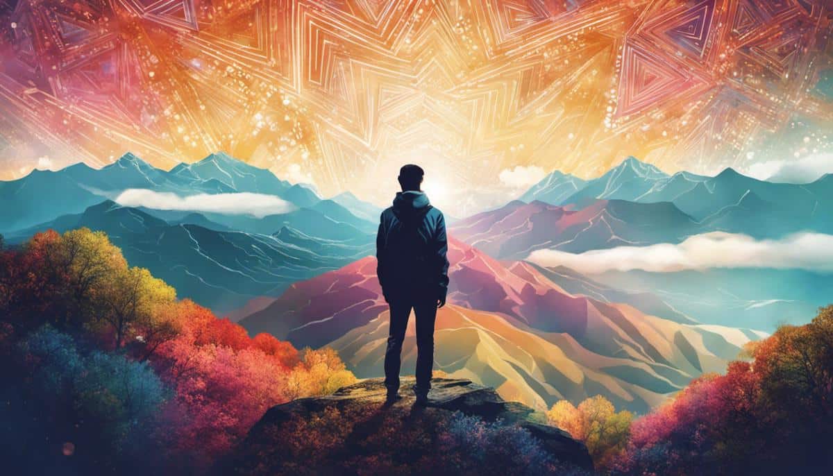 Illustration of a person standing on a mountaintop, looking at the horizon with a kaleidoscope overlay effect.