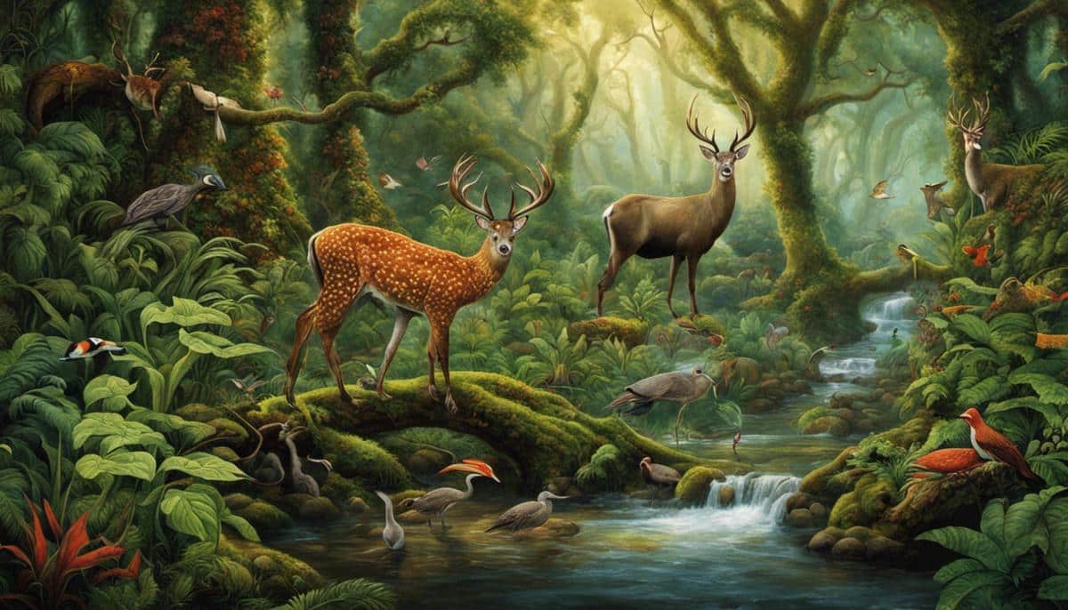 An image showing the intricate tapestry of different species within a lush forest ecosystem