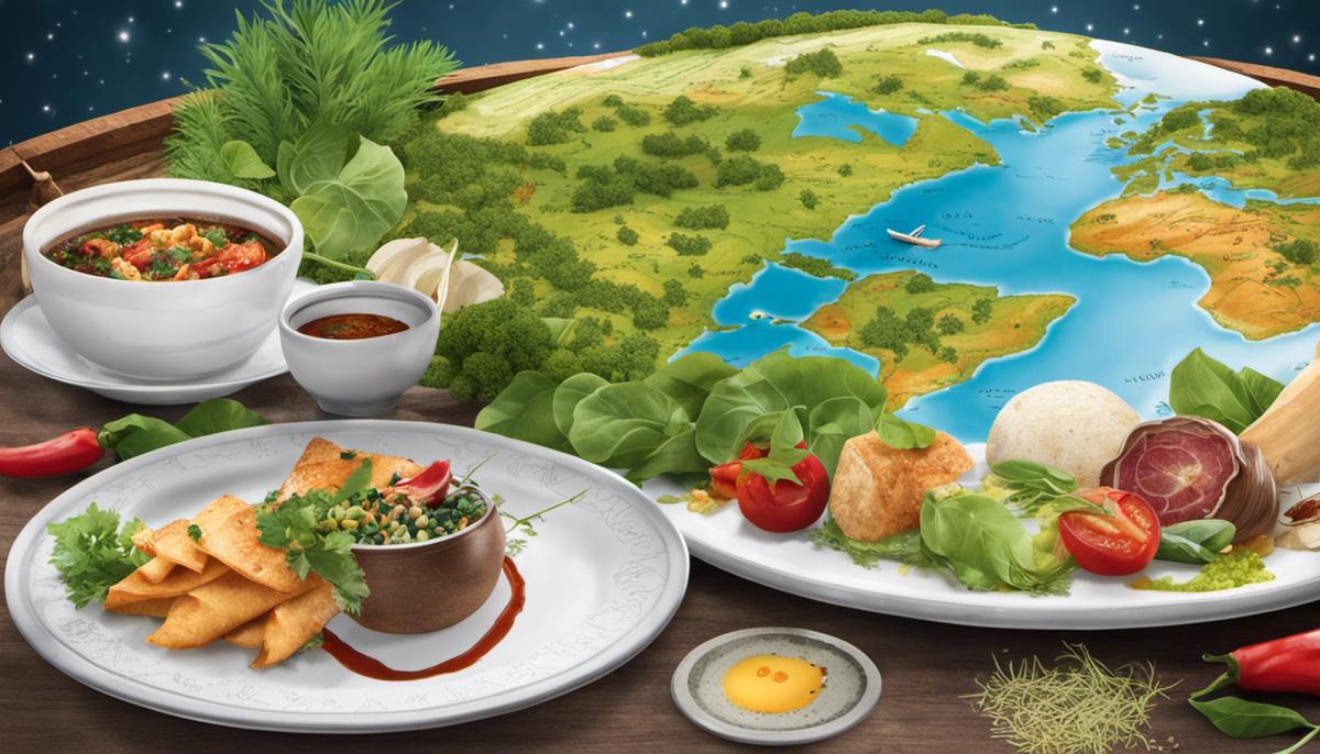 Illustration of sustainable culinary tourism, featuring a plate of food with local ingredients and a world map in the background.