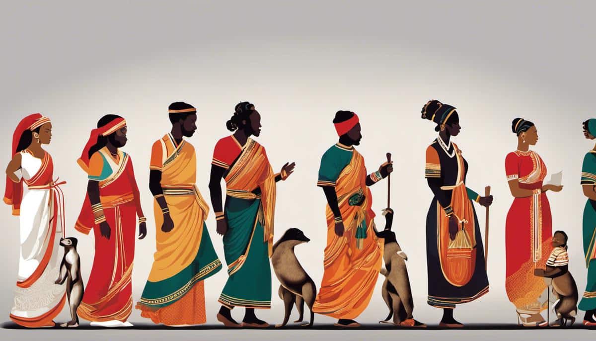 Illustration showing the evolution of cultural identity over time. Different cultural symbols from different time periods are intertwined, representing the dynamic nature of cultural identity.