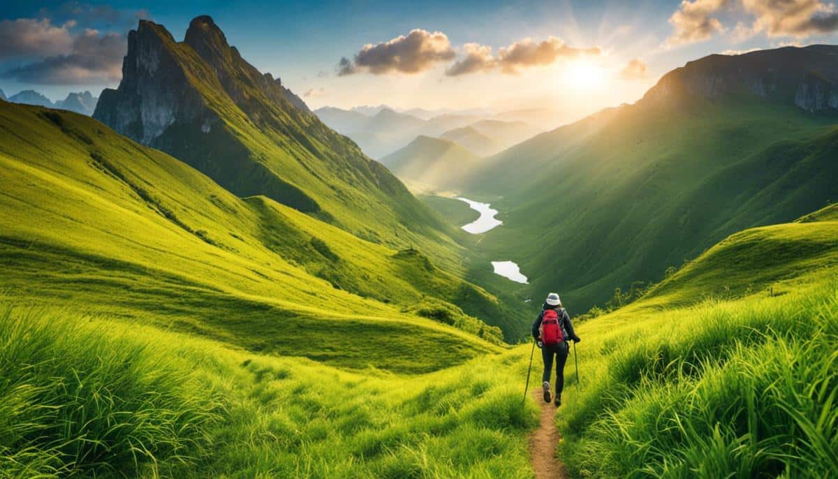 An image showing a person hiking in a beautiful green landscape, highlighting the connection between adventure and sustainable travel.