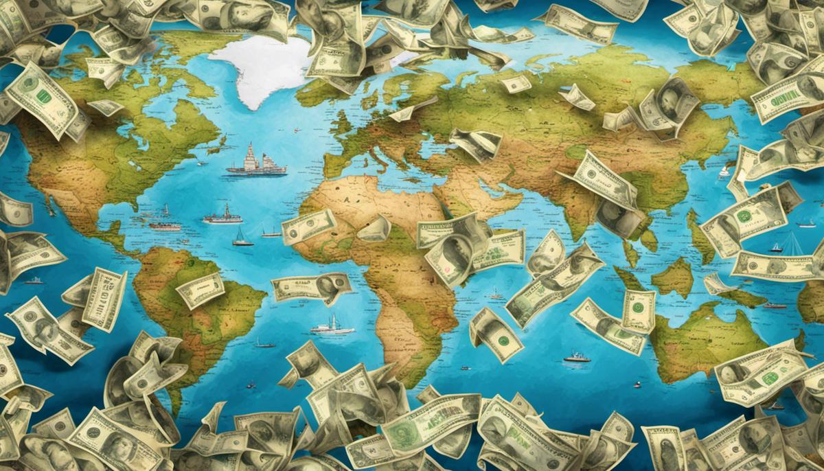 Image depicting the economic implications of mass tourism, showing a global map with money symbols scattered around popular tourist destinations.