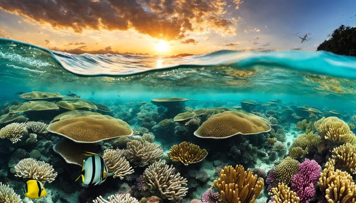 An image depicting the environmental implications of mass tourism, showcasing the negative impact it has on natural spaces and ecosystems, such as soil erosion, damage to coral reefs, strain on resources, and deforestation.