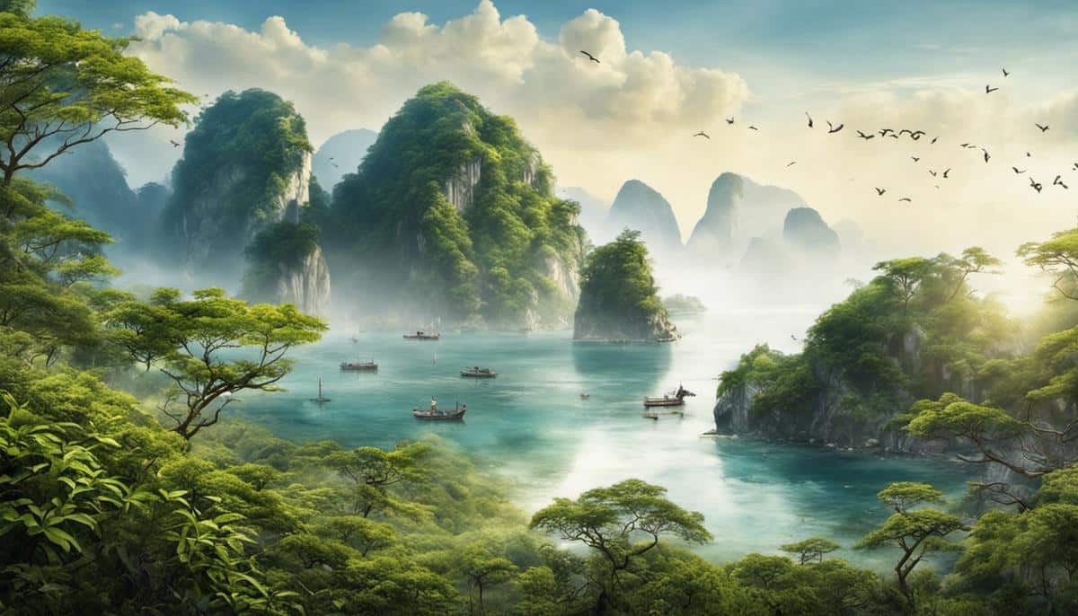 A serene landscape damaged by pollution and littering, depicting the environmental costs of mass tourism in Asia for someone that is visually impaired