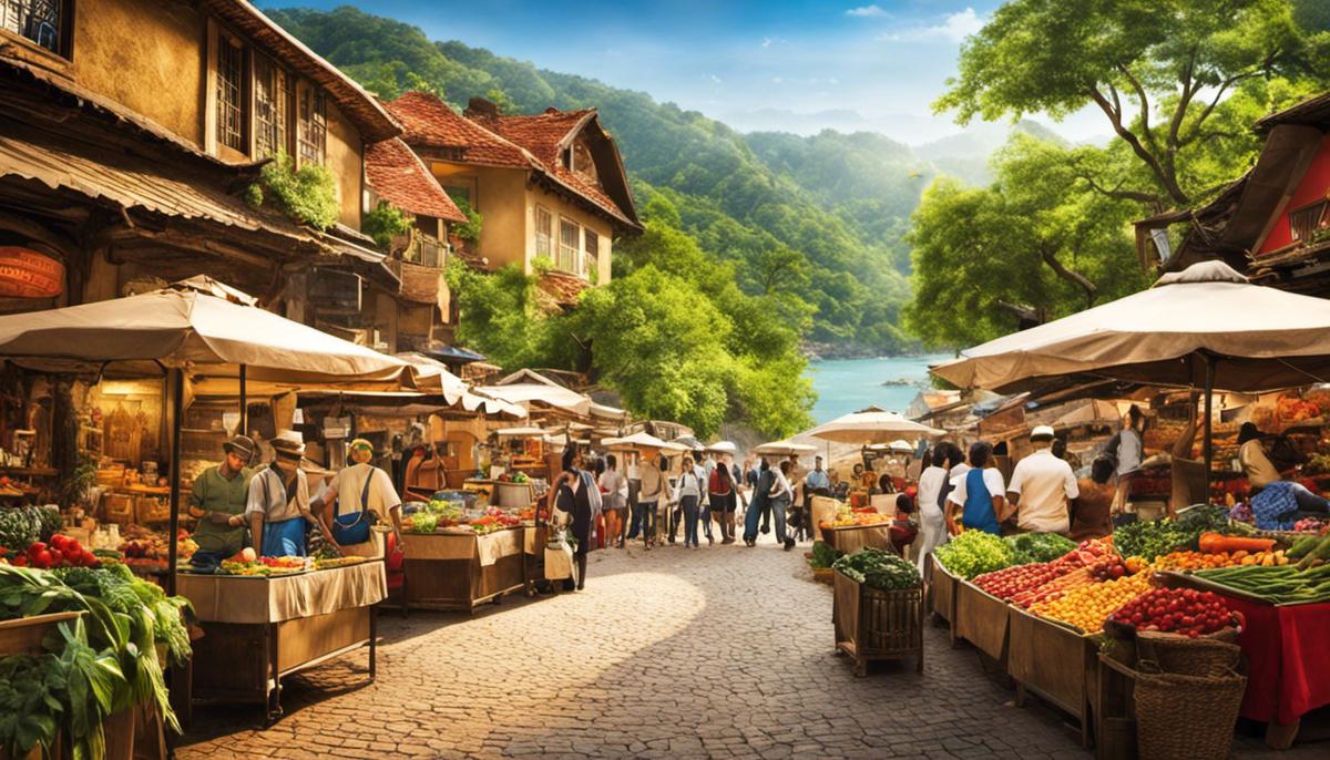 A picture representing the market scenario in the mass tourism industry, with people exploring local destinations and enjoying nature-based tourism.
