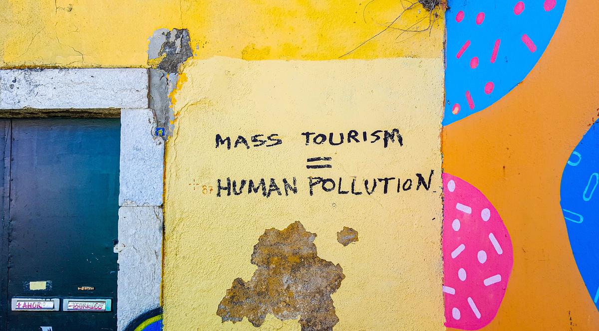 Illustration depicting the negative impacts of mass tourism, including depletion of natural resources, cultural erosion, and economic disparities.