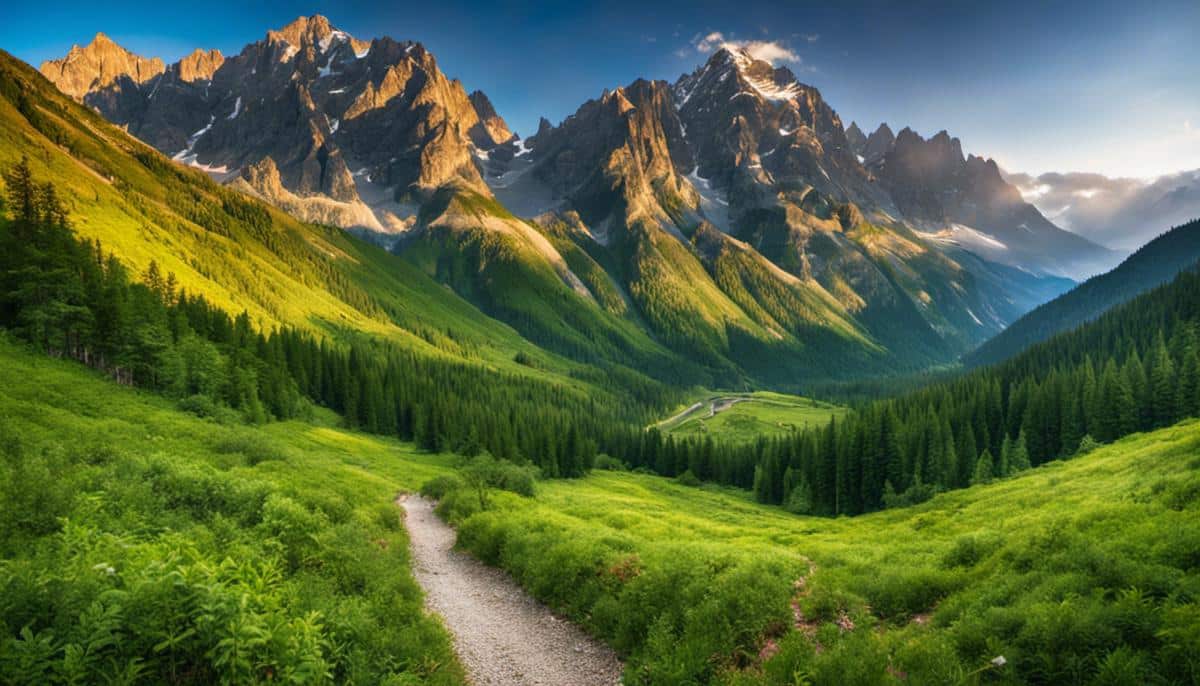 A beautiful image of a mountain landscape, with towering peaks, lush greenery, and a winding trail leading into the distance.