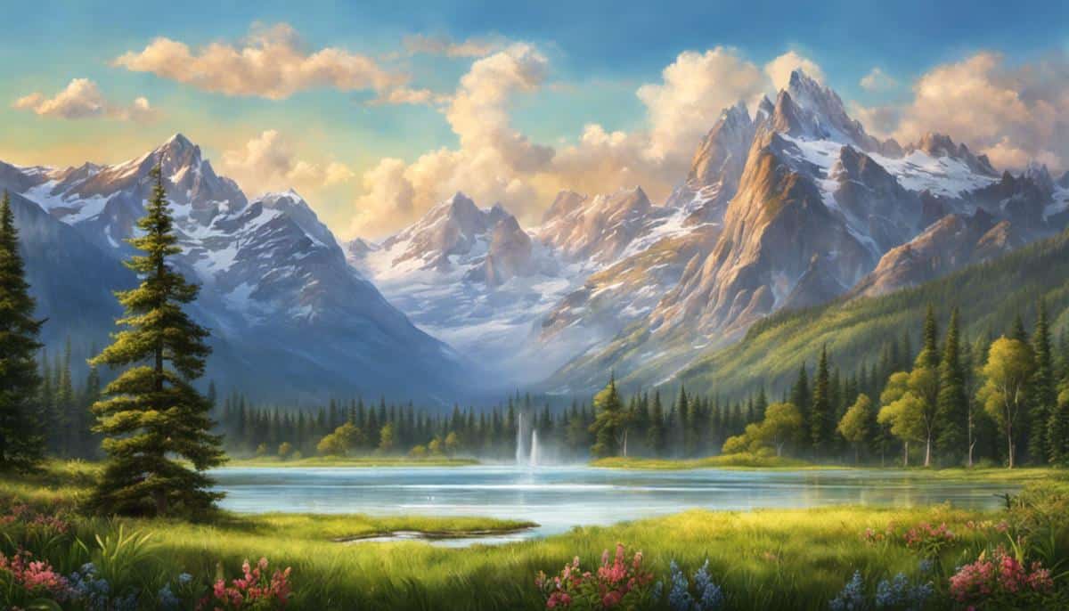 A breathtaking view of a National Park, showcasing majestic mountains, lush meadows, and a geyser shooting high into the blue sky.