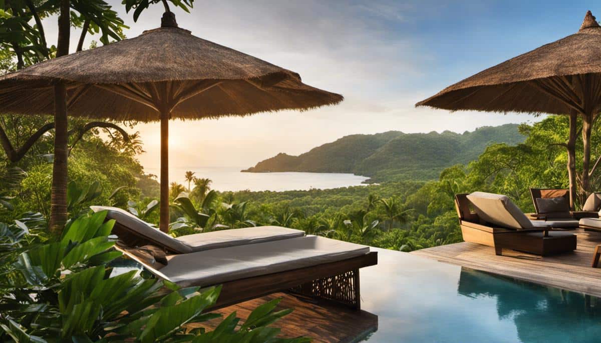 A scenic view of a sustainable resort blending harmoniously with the natural environment.