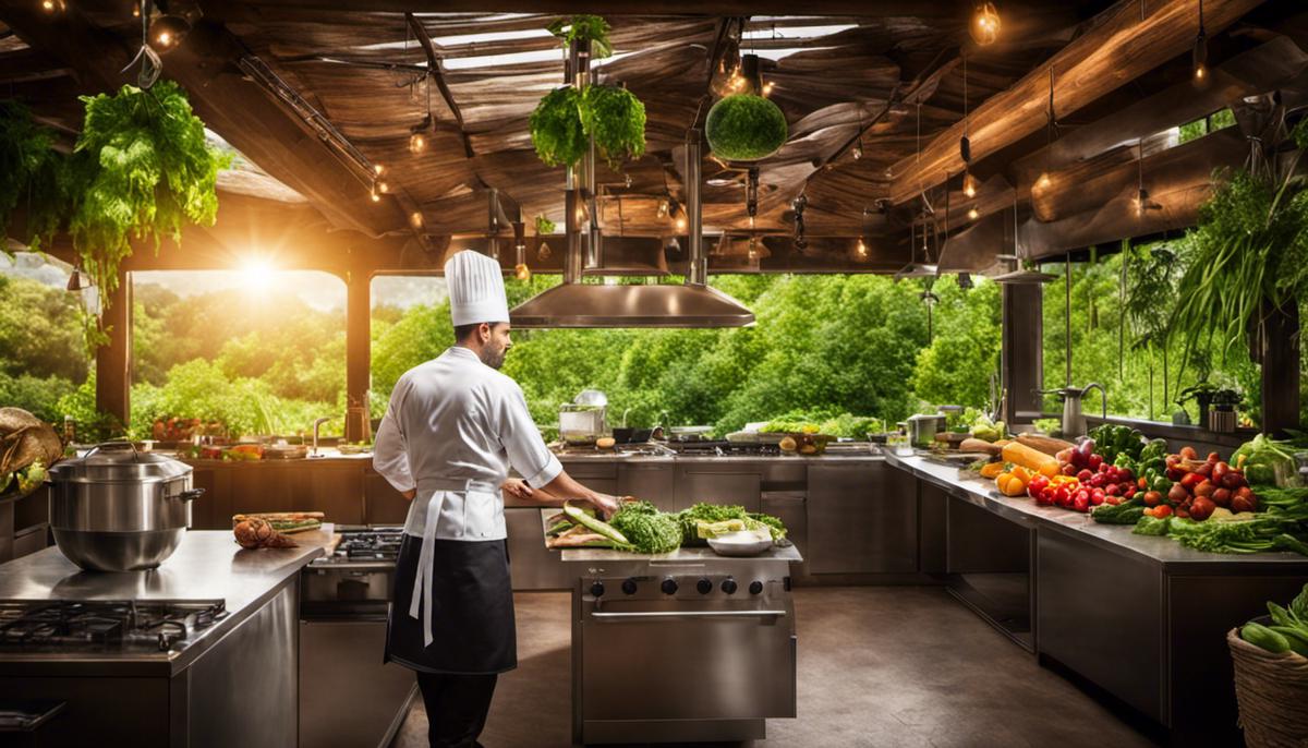 Image of a chef cooking in a sustainable kitchen surrounded by organic produce and renewable energy sources, representing the challenges faced by businesses in sustainable culinary tourism.