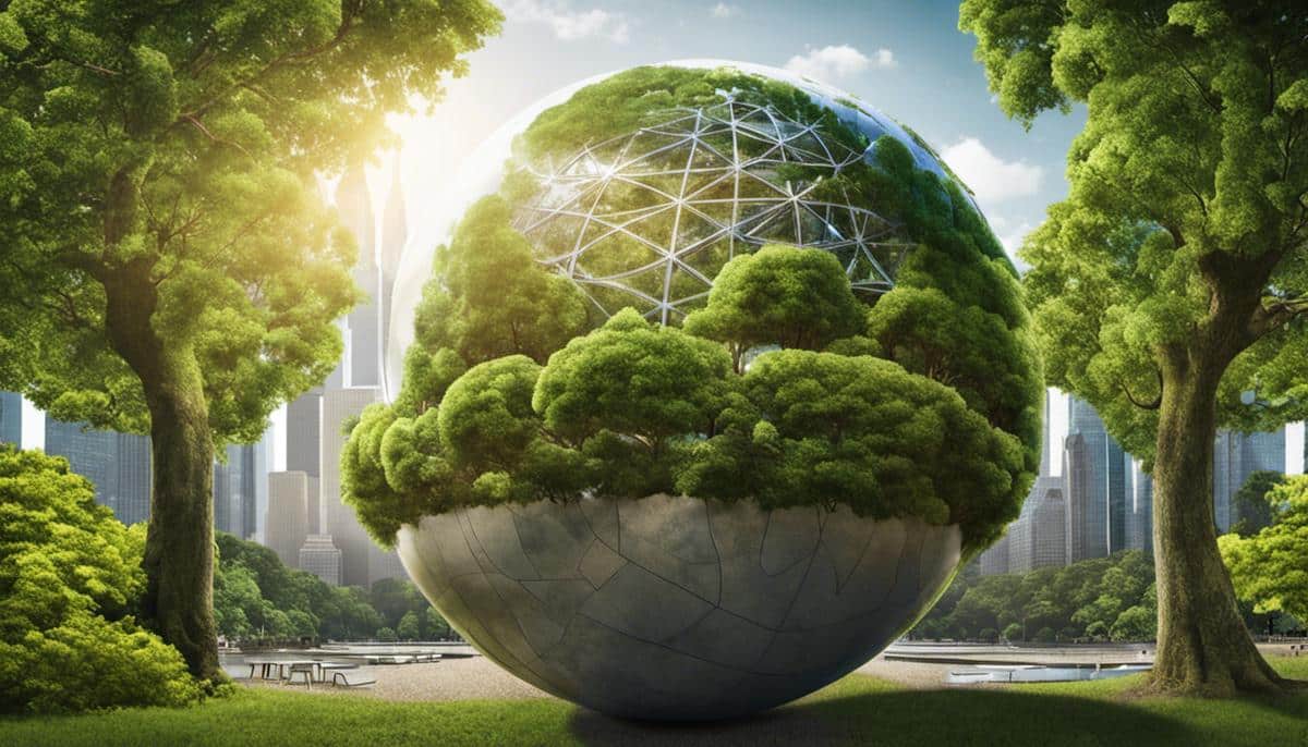 Image of a globe with trees and skyscrapers intertwined, representing sustainable mass tourism