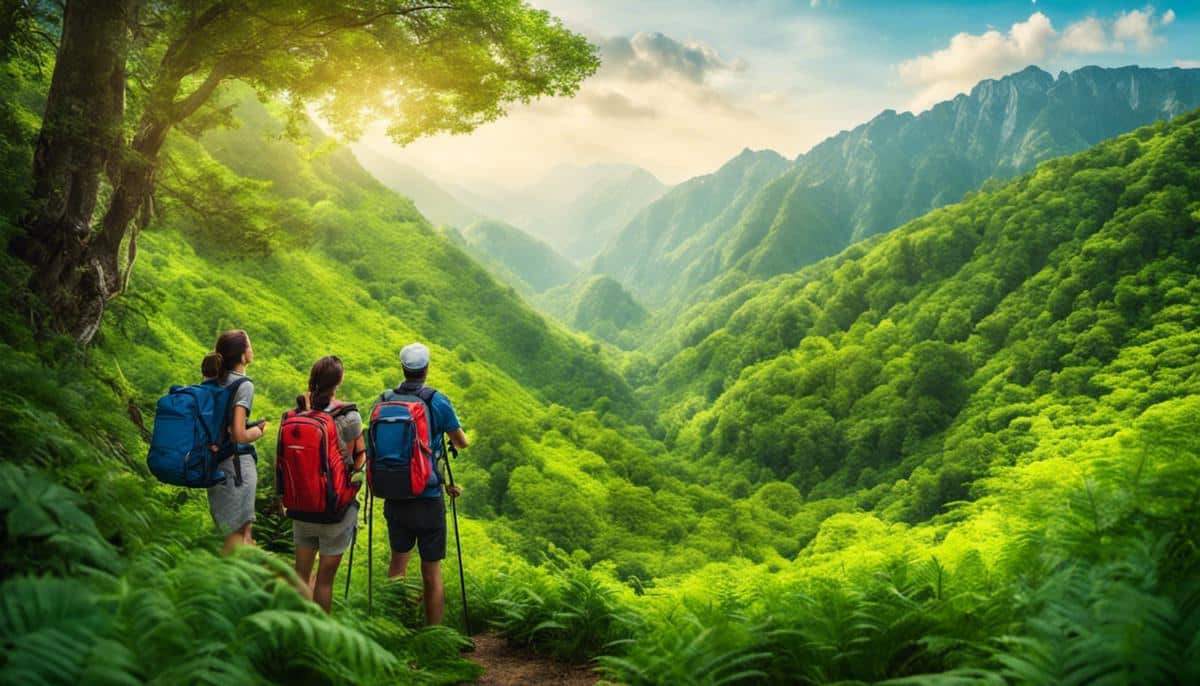 A group of travelers standing in a lush green forest, surrounded by mountains, emphasizing the connection between nature and sustainable tourism.