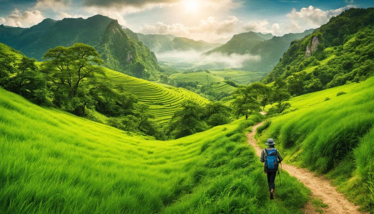 A picturesque view of a traveler walking through a lush green landscape, symbolizing the connection between sustainable travel and nature preservation.